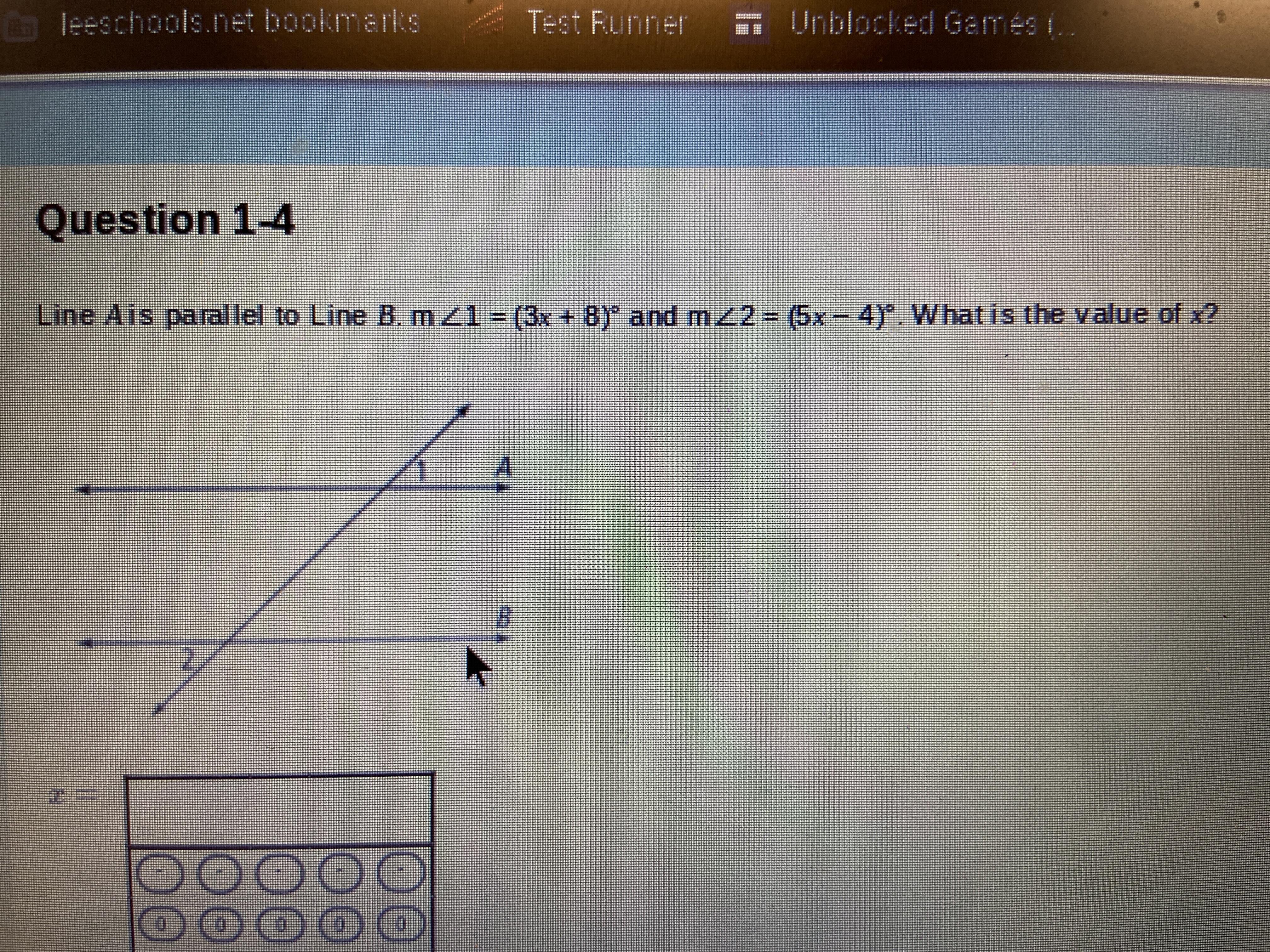 Line A Is Parallel To Line B.m 1- (3x + By And M 2- (5x- 4y Whatis The Value Of X?