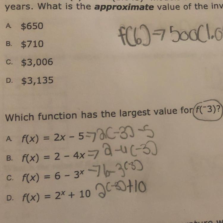 C. $3,006D. $3,135given, Compute40 Answer3. Which Function Has The Largest Value Forf(-3)?) Puug - 3