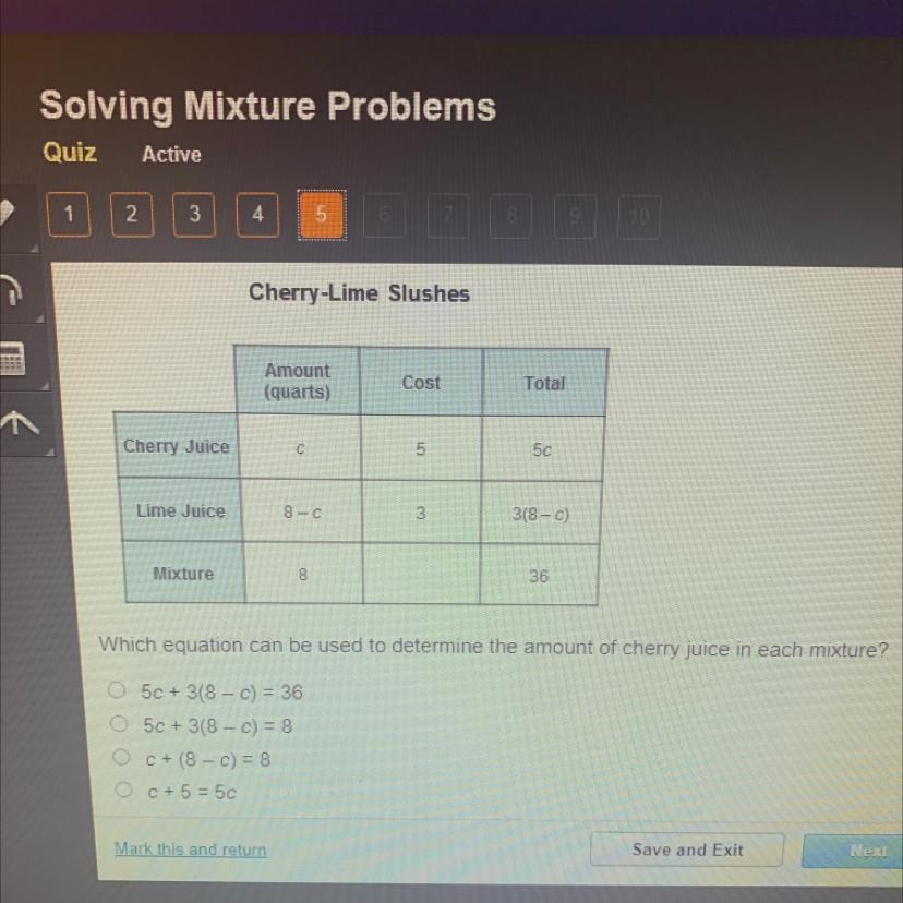 Which Equation Can Be Used To Determine The Amount Cherry Juice In Each Mixture? 