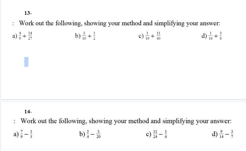 Adding And Substracting And Simplifying Fractions 8 Questions