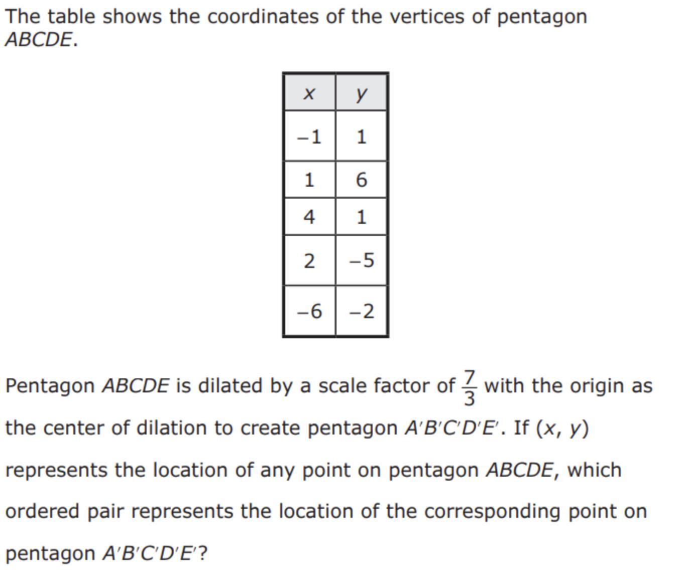 The Table Shows The Coordinates Of The Vertices Of Pentagon ABCDE. Pentagon ABCDE Is Dilated By A Scale