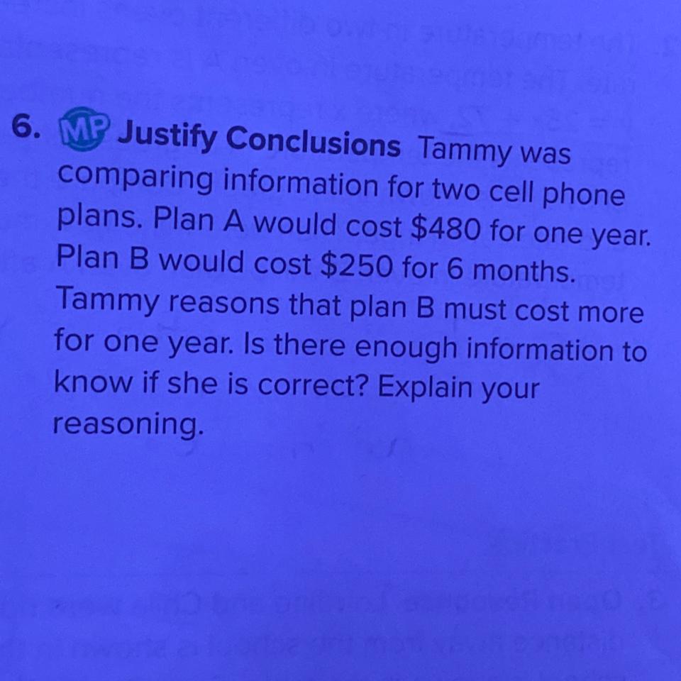 PLEASE HELP !! Tammy Was Comparing Information For Two Cell Phone Plans.