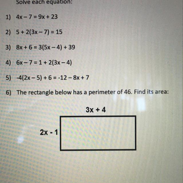 6) The Rectangle Below Has A Perimeter Of 46. Find Its Area.