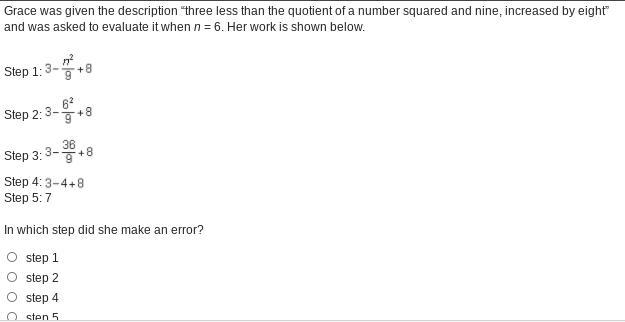 Grace Was Given The Description Three Less Than The Quotient Of A Number Squared And Nine, Increased