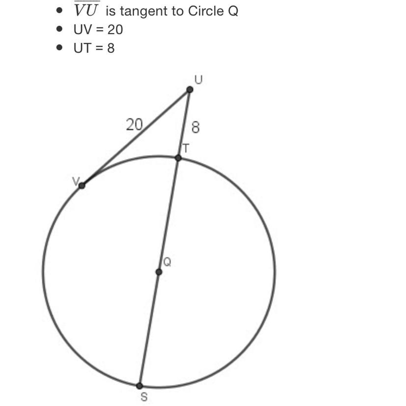 Given: VU Is Tangent To Circle Q UV = 20 UT = 8U2000TSFind The Length Of The Radius Of The Circle.6O