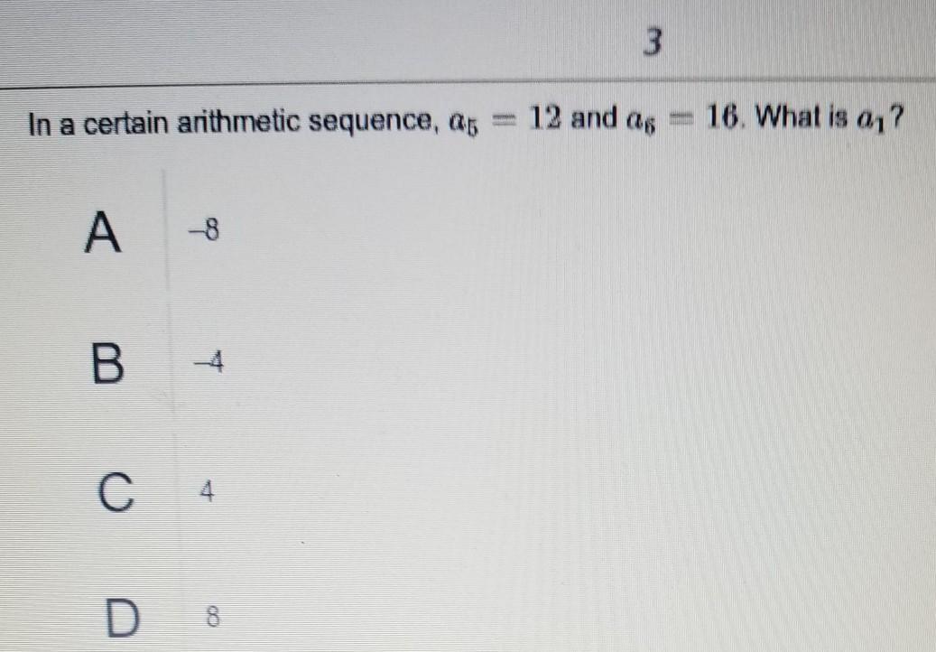 In A Certain Arithmetic Sequence, A5=12 And A6=16. What Is A1?