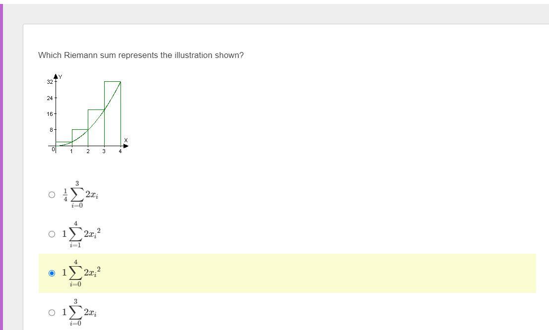 Which Riemann Sum Represents The Illustration Shown?The Highlighted Answer Was Just A Misclick, I Dont