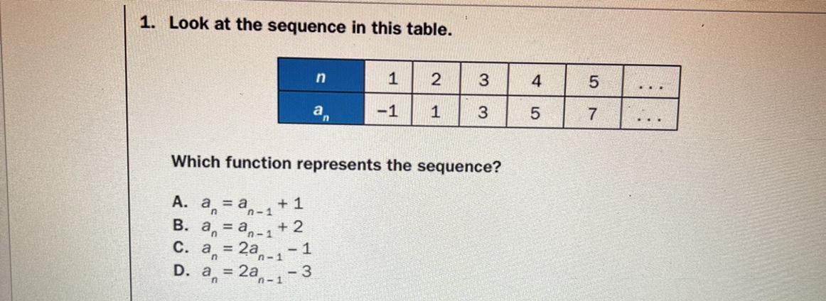 1. Look At The Sequence In This Table.n1234On5an.-11357Which Function Represents The Sequence?+ 1A. A