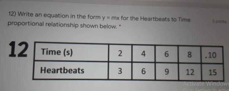 Write An Equation In The Form Y Mx For The Heartbeats To Time Proportional Relationship Shown Below.