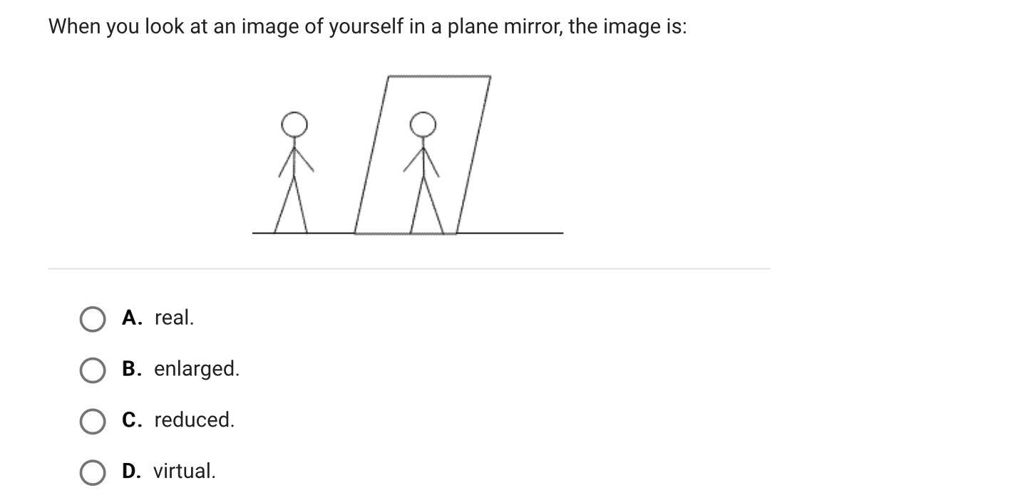 When You Look At An Image Of Yourself In A Plane Mirror, The Image Is:A.real.B.enlarged.C.reduced.D.virtual.