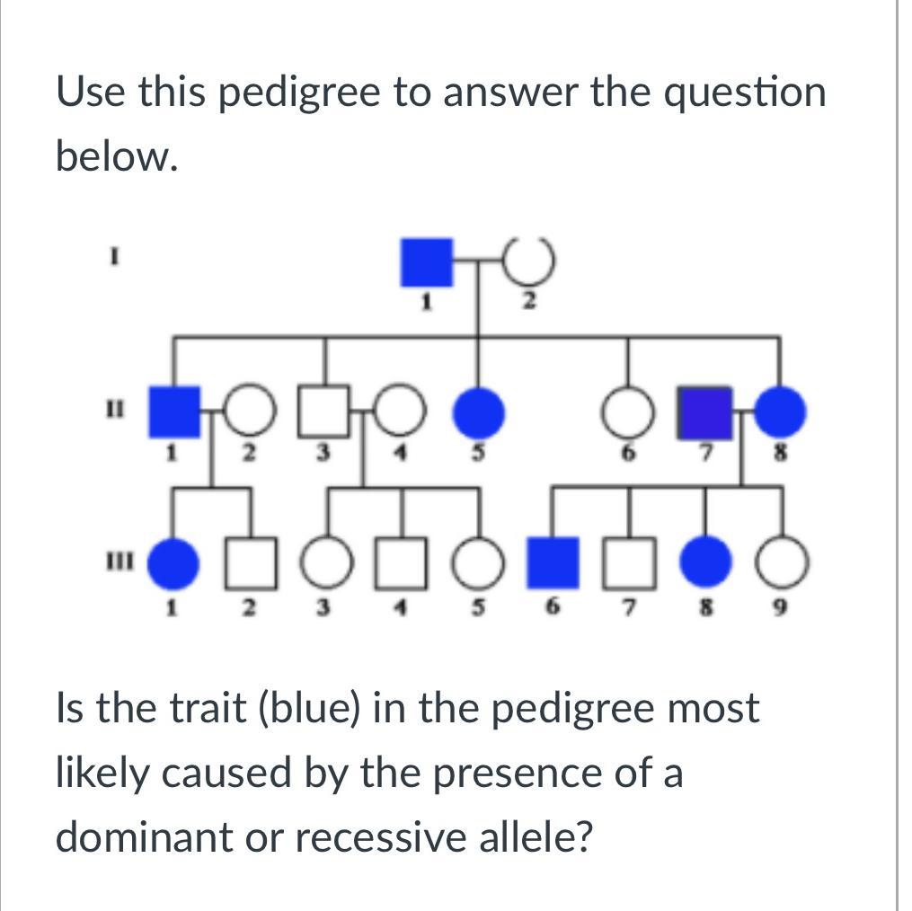 Is The Trait (blue) In The Pedigree Most Likely Caused By The Presence Of A Dominant Or Recessive Allele?Group