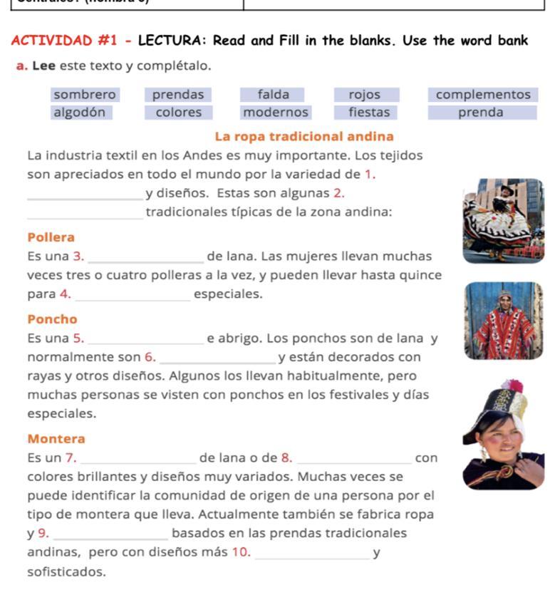 ACTIVIDAD #1 - LECTURA: Read And Fill In The Blanks. Use The Word Banka. Lee Este Texto Y Compltalo.sombrero