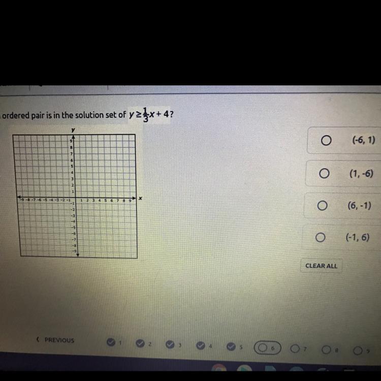 Which Ordered Pair Is In The Solution Y&gt;=1/3x+4 A. (-6,1)B. (1,-6)C. (6,-1)D. (-1,6)