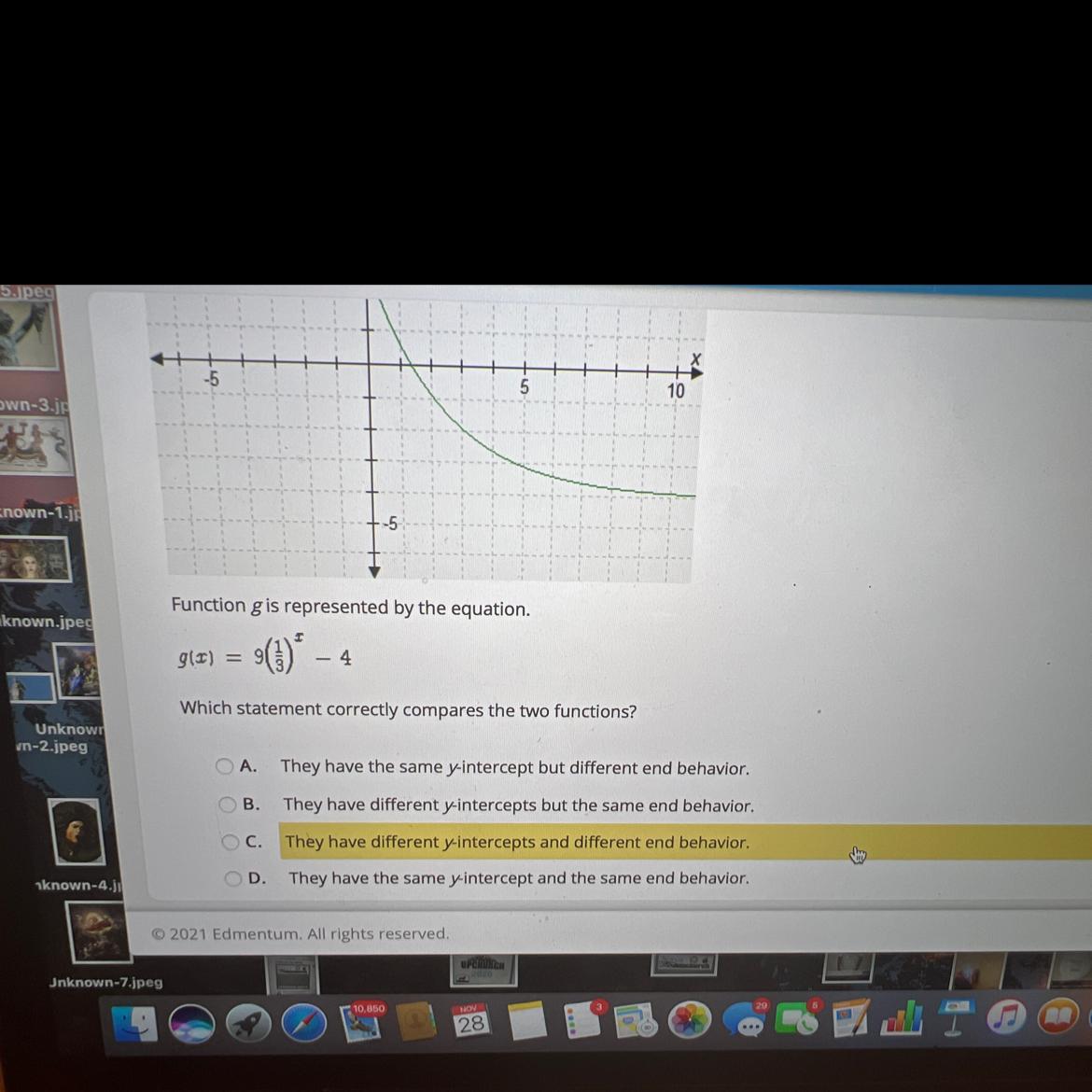 Function Gis Represented By The Equation.g(x)=9(1/3)^x-4Which Statement Correctly Compares The Two Functions?