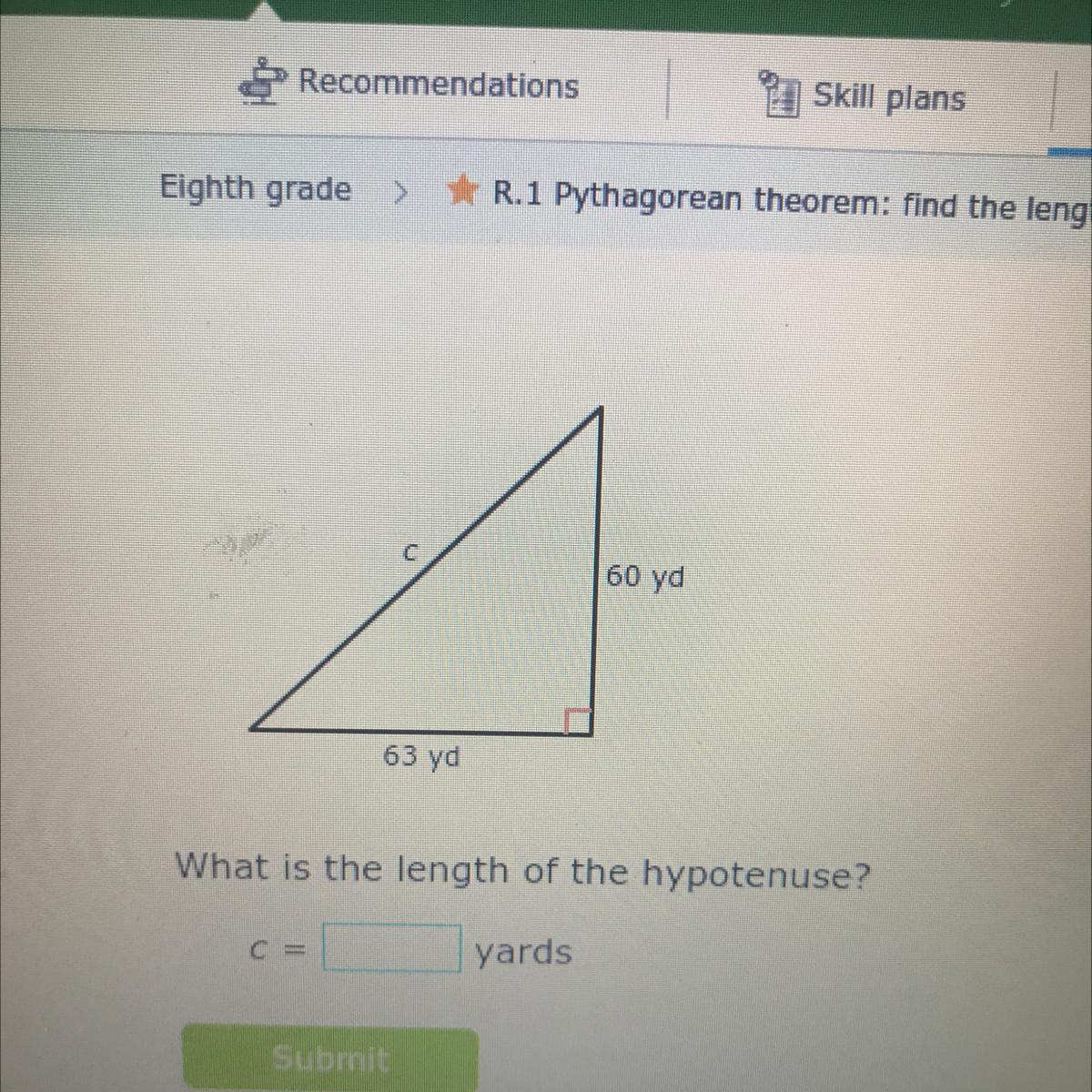 60 Yd63 YdWhat Is The Length Of The Hypotenuse?