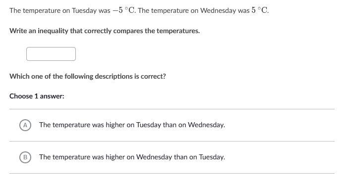 The Temperature On Tuesday Was 5 C. The Temperature On Wednesday Was 5 CWrite An Inequality That Correctly