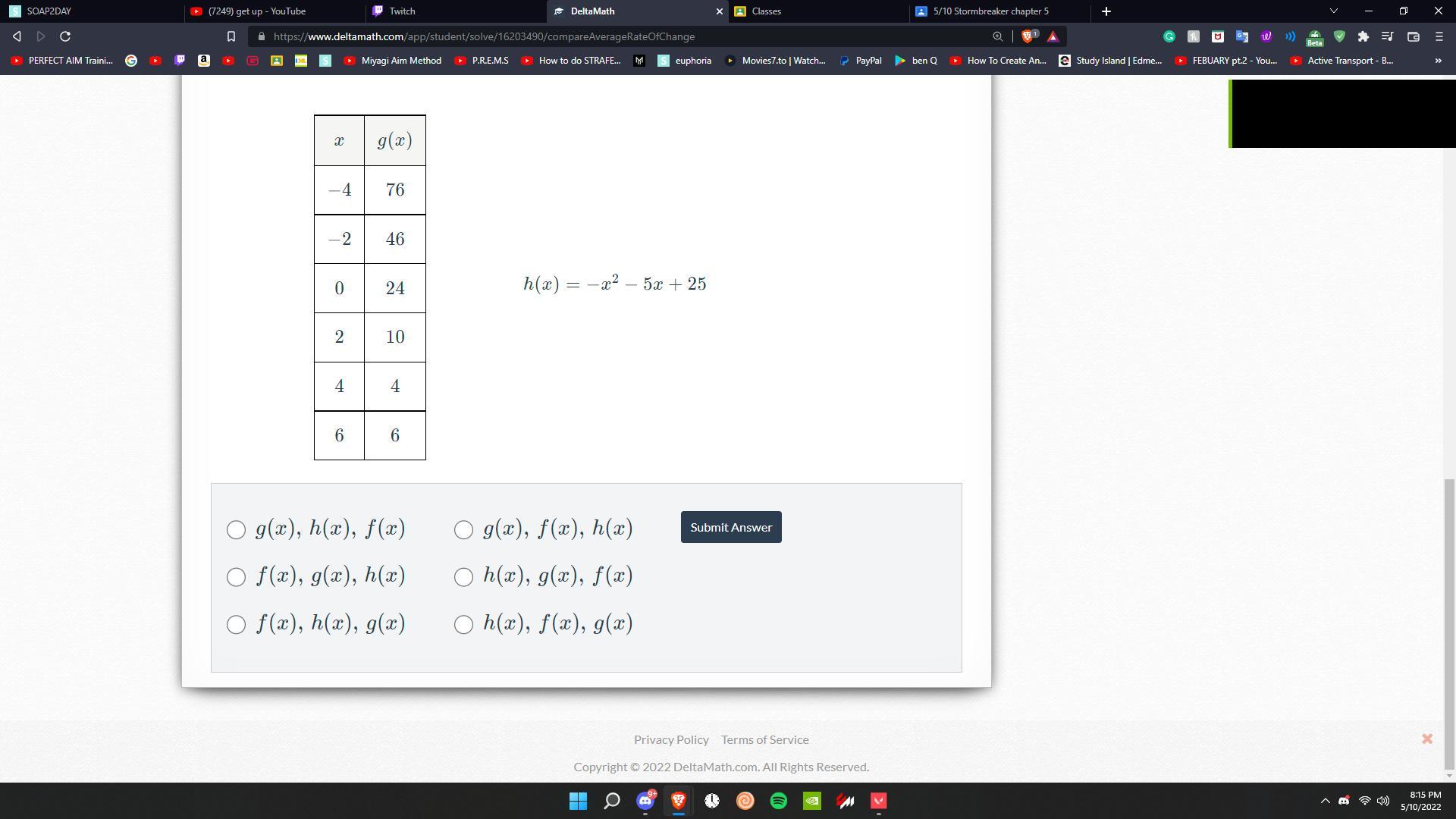 The Functions F(x), G(x), And H(x) Are Shown Below. Select The Option That Represents The Ordering Of