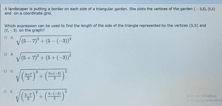 Which Expression Can Be Used To Find The Length Of The Side Of The Triangle Represented By The Vertices