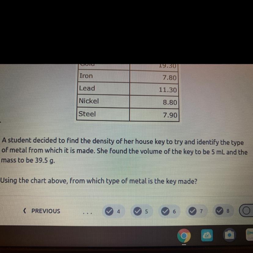 A Student Decided To Find The Density Of Her House Key To Try And Identify The Typeof Metal From Which