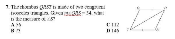 The Rhombus QRST Is Made Of Two Congruent Isosceles Triangles. Given Angle QRS = 34, What Is The Measure