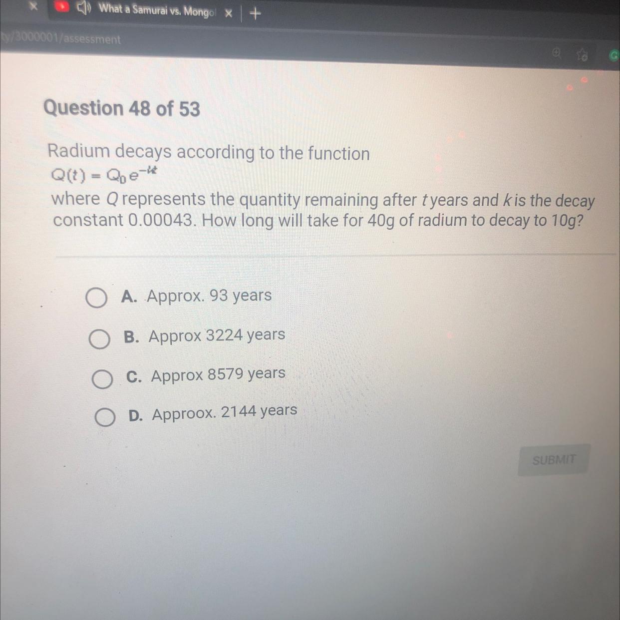 Radium Decays According To The FunctionQC) - Qewhere Q Represents The Quantity Remaining After Tyears