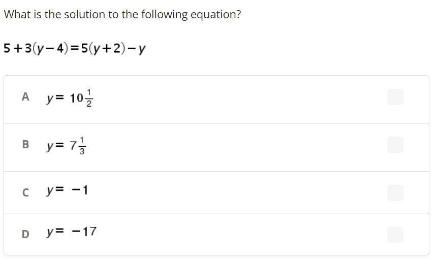 What Is The Solution To The Following Equation?5 + 3 (y - 4) = 5 (y + 2) - Y