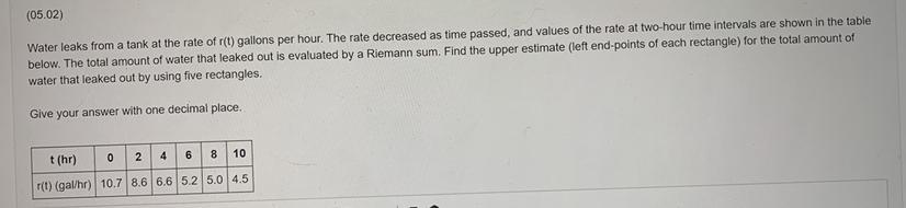 Water Leaks From A Tank At The Rate Of R(t) Gallons Per Hour. The Rate Decreased As Time Passed, And