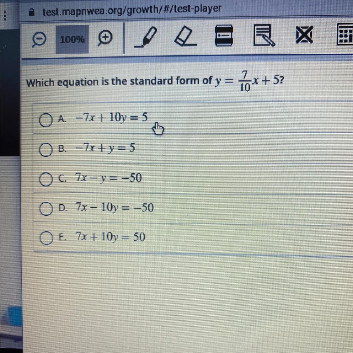 Which Equation Is The Standard Form Of Y = 7/10x + 5 Answer Quickkk