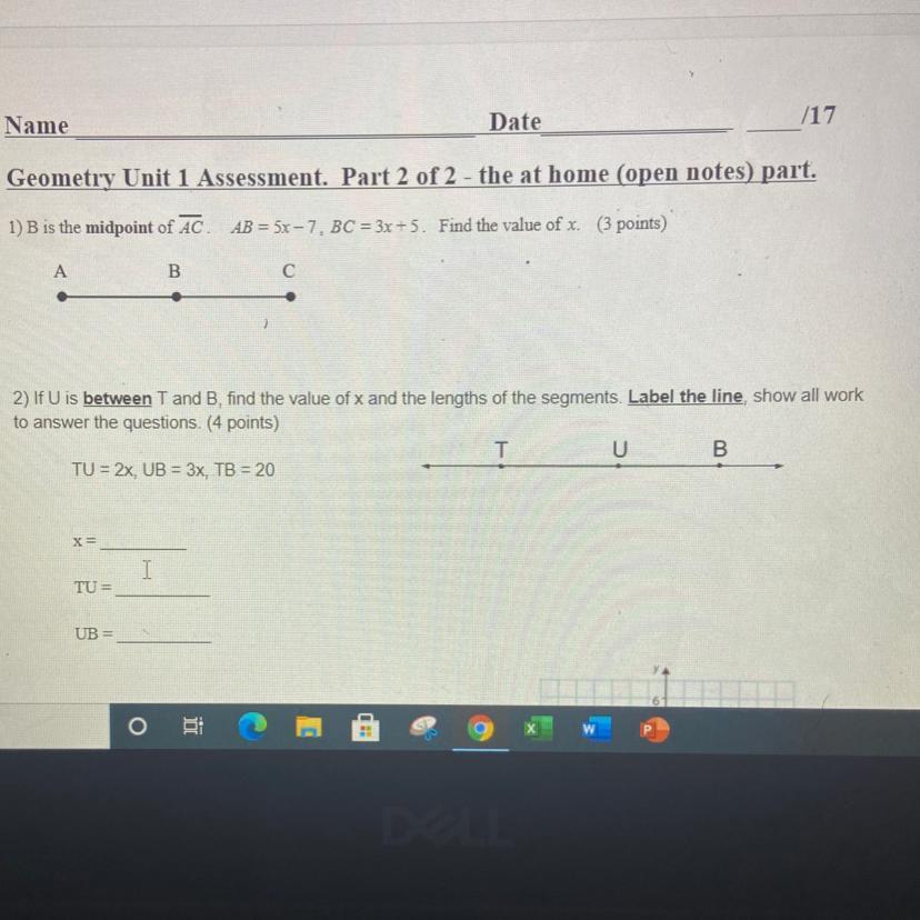 2) If U Is Between T And B, Find The Value Of X And The Lengths Of The Segments Label The Line Show All