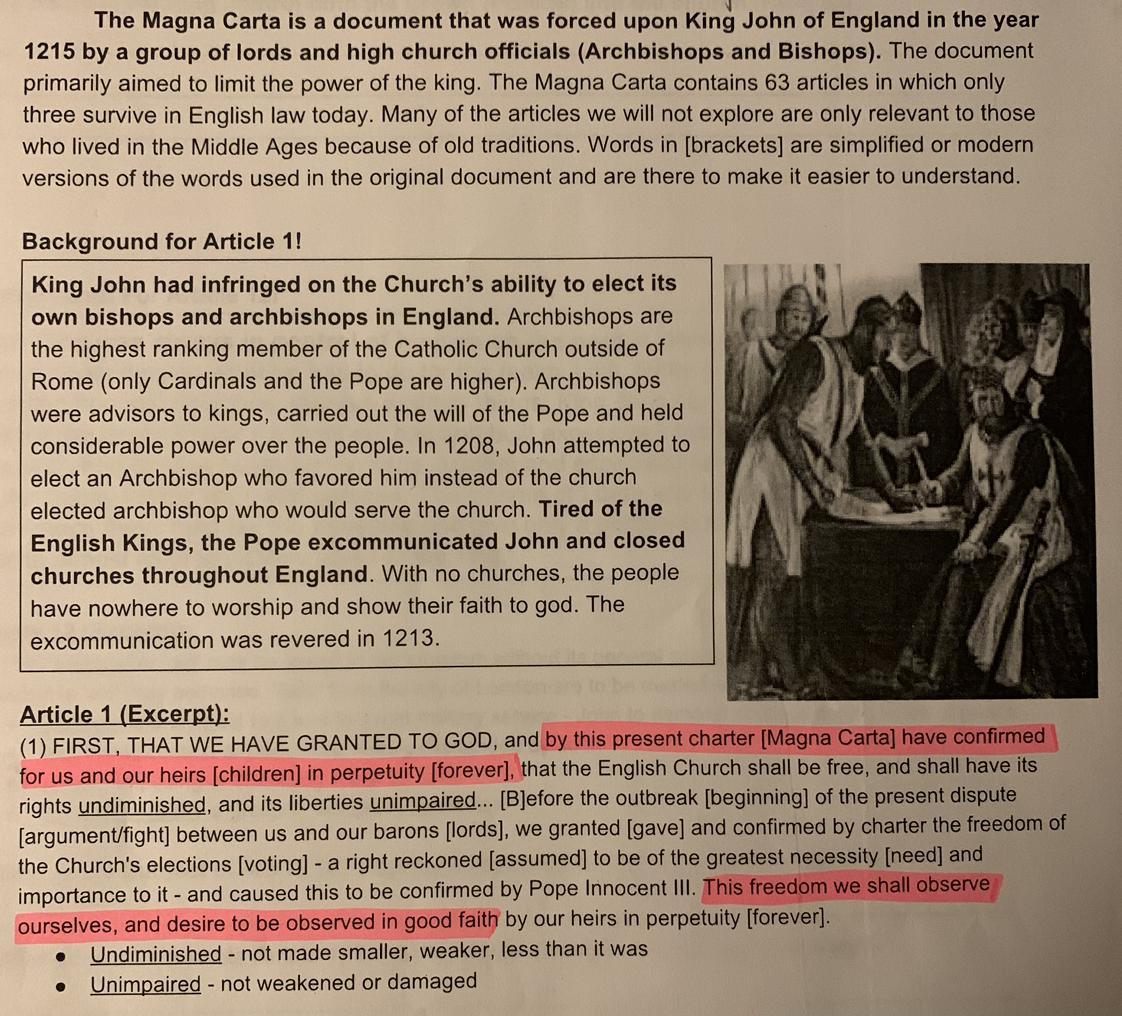 Of The Magna Carta, What Is The Subject Of Article One? Who Do You Think Wrote Article One?what Is The