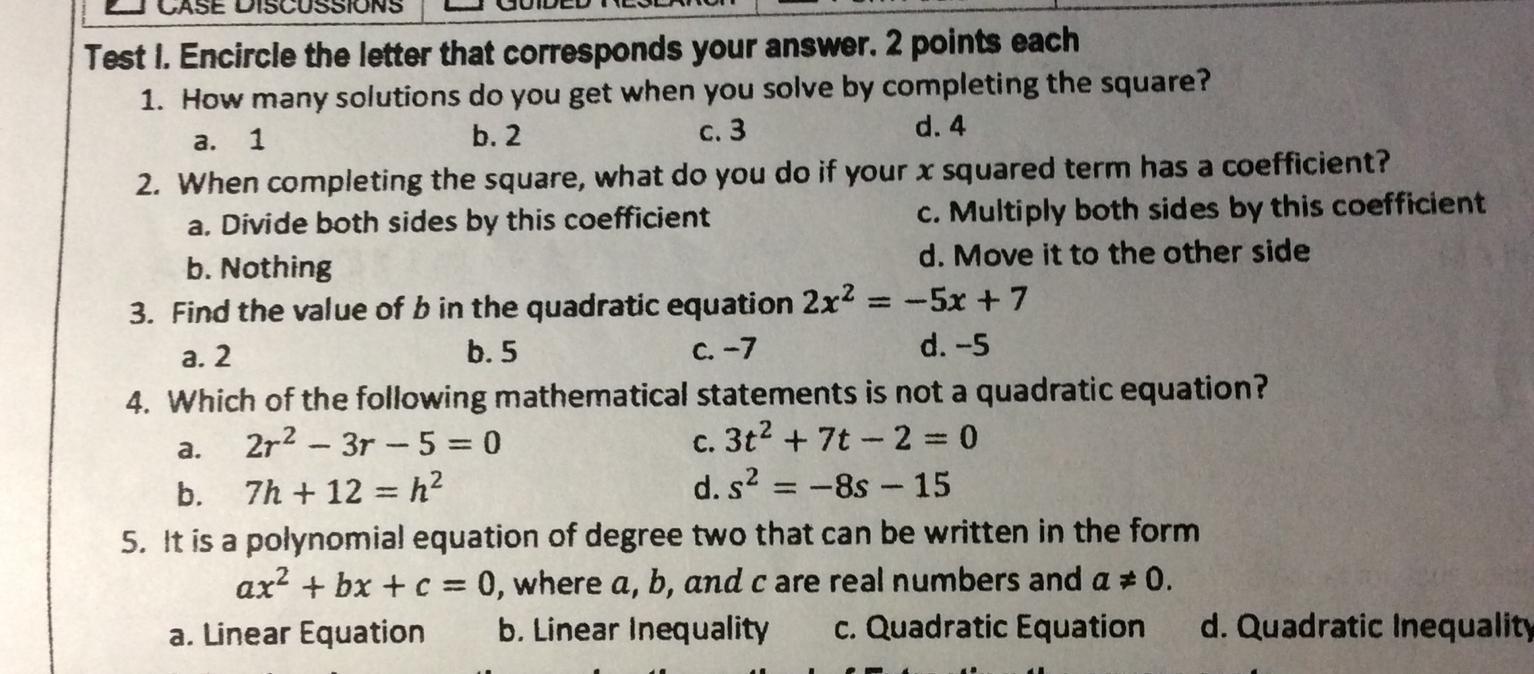 "Test I. Encircle The Letter That Corresponds Your Answer. 2 Points Each1. How Many Solutions Do You