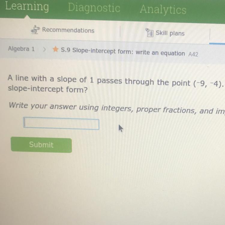 A Line With A Slope Of 1 Passes Through The Point (-9, -4). What Is Its Equation Inslope-intercept Form?LA