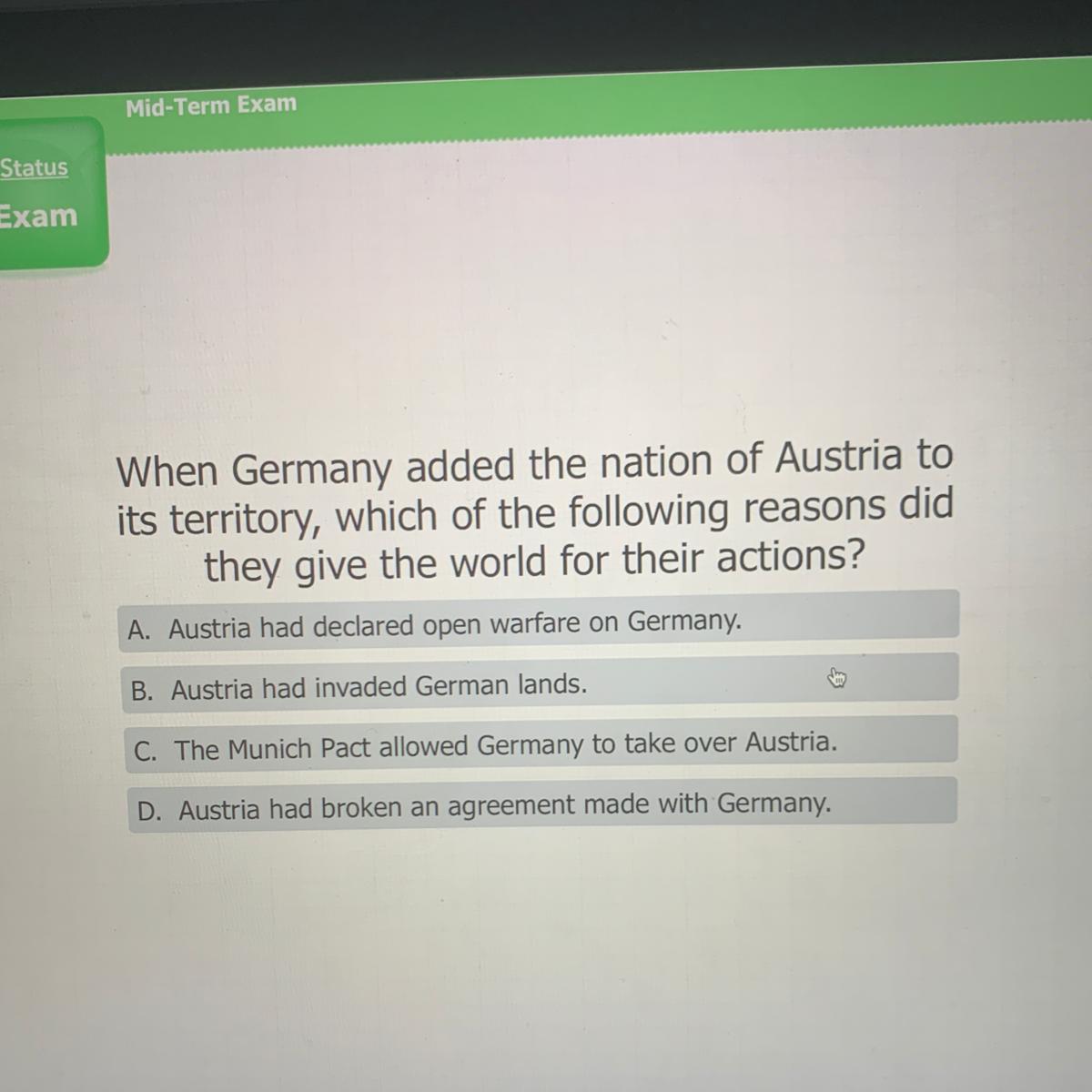 When Germany Added The Nation Of Austria Toits Territory, Which Of The Following Reasons Didthey Give
