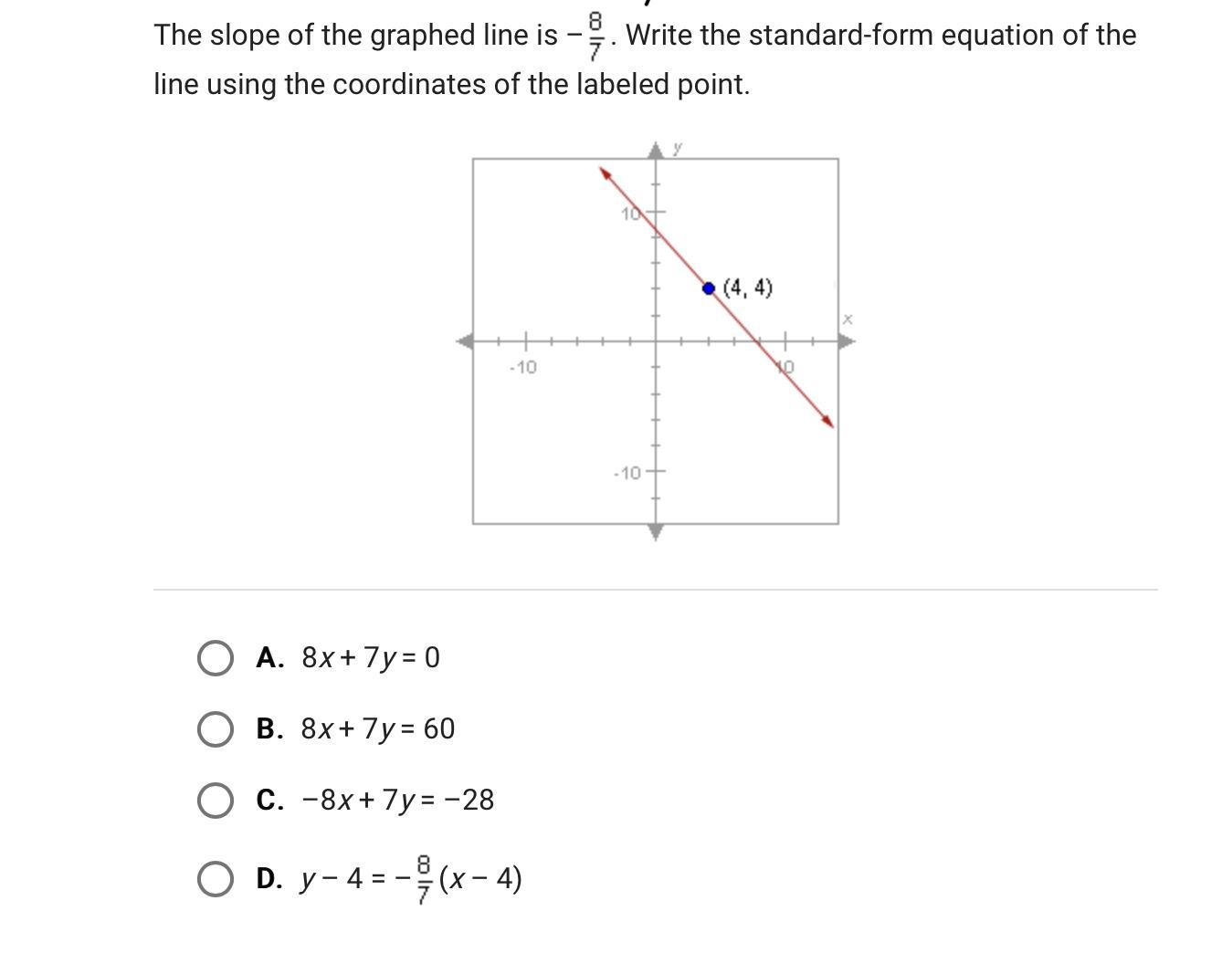 The Slope Of A Graphed Line Is -8/7. Write The Standard-form Equation Of The Line Using The Coordinates