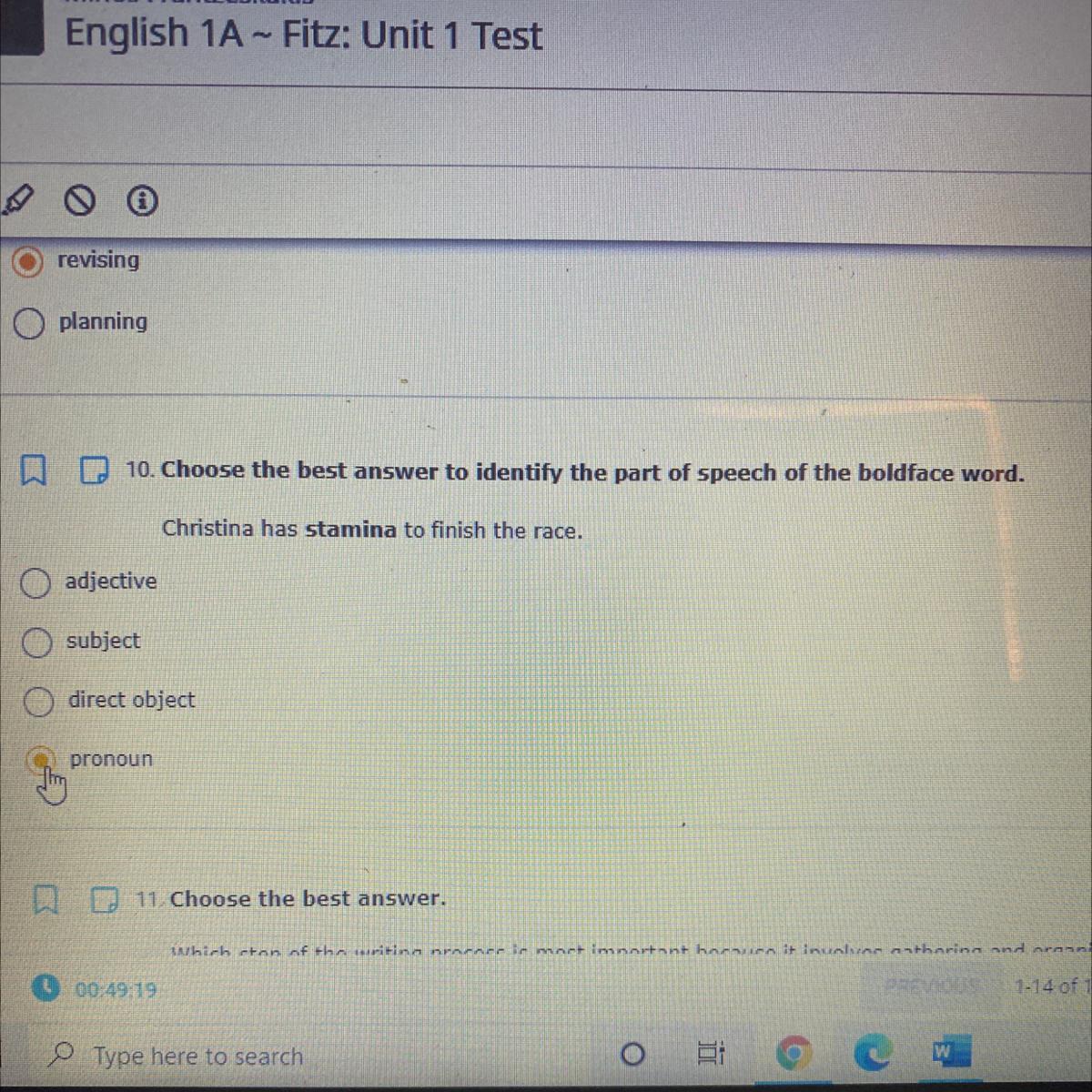 10.) Choose The Best Answer To Identify The Part Of Speech If The Boldface Word.