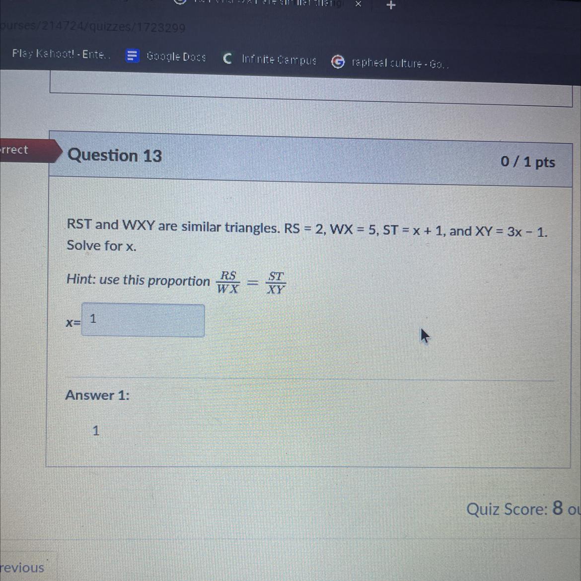 RST And WXY Are Similar Triangles. RS = 2, WX = 5, ST = X + 1, And XY = 3x-1Solve For X. HELP PLEASE