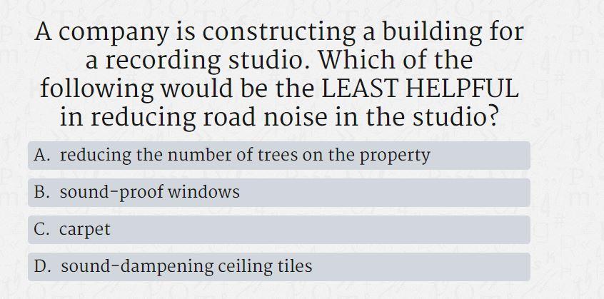 A Company Is Constructing A Building For A Recordings Tudio. Which Of The Following Would Be The LEAST