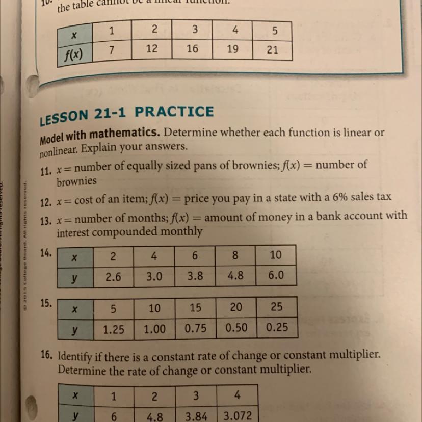 Nonlinear, Explain Your Answers,11. * = Number Of Equally Sized Pans Of Brownies: /(x) = Number Ofbrownies12.