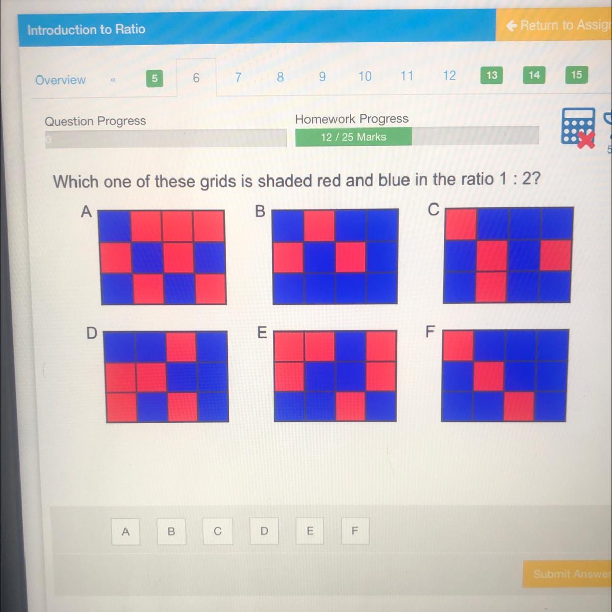 Which One Of These Grids Is Shaded Red And Blue In The Ratio 0.5: 1?ABDEF