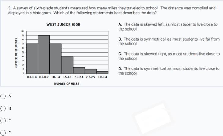 A Survey Of Sixth Grade Students Measured How Many Miles They Traveled To School. The Distance Was Complied