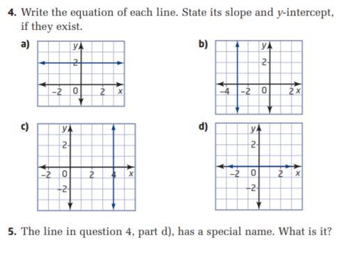 Write The Equation Of Each Line. State Its Slope And Y-intercept, If They Exist.