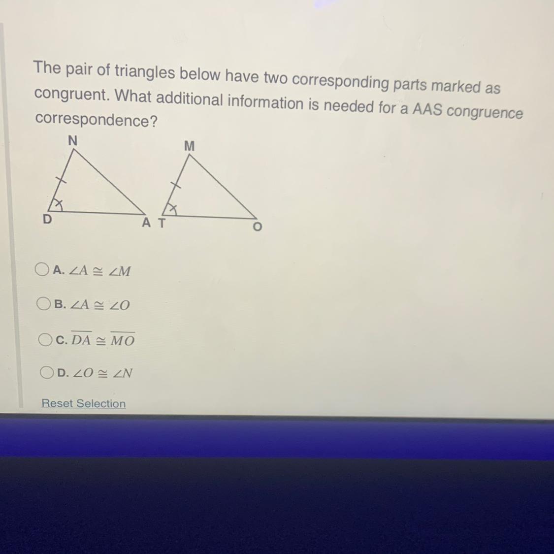 The Pair Of Triangles Below Have Two Corresponding Parts Marked As Congruent What Additional Information