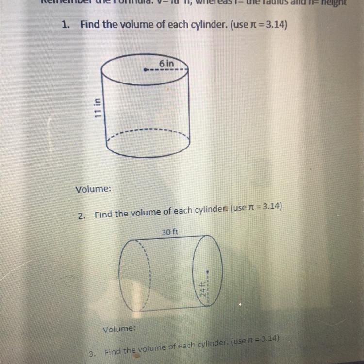 1. Find The Volume Of Each Cylinder ( Use = 3.14 )