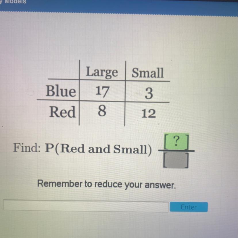 Large SmallBlue 17 3Red 8 12?Find: P(Red And Small)Remember To Reduce Your Answer.