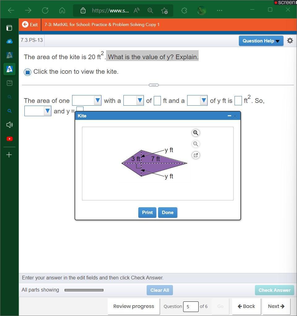 The Area Of The Kite Is 20ft Squared. What Is The Value Of Y? Explain.