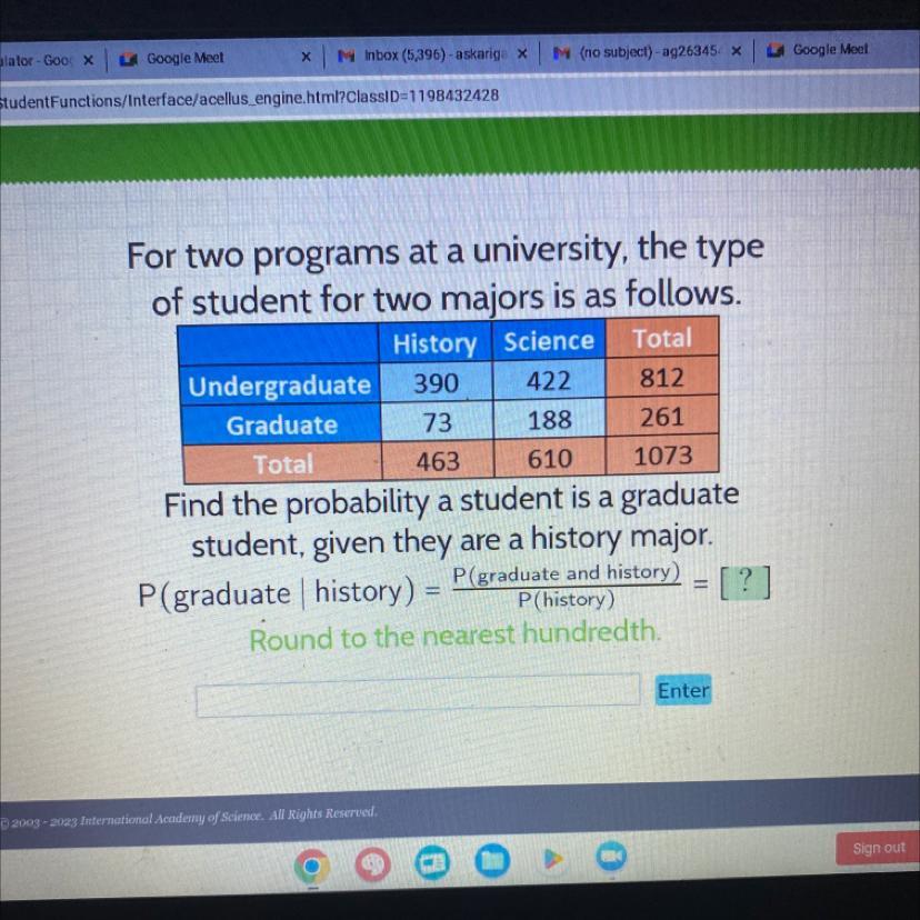 For Two Programs At A University, The Typeof Student For Two Majors Is As Follows.History ScienceTotal390422812732614631073Find