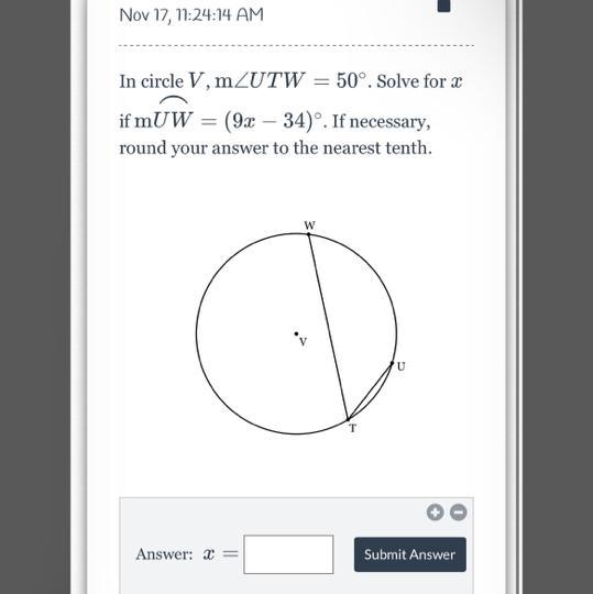 In A Circle V, UTw =50 Solve For X . If MUW= (9x-34) 