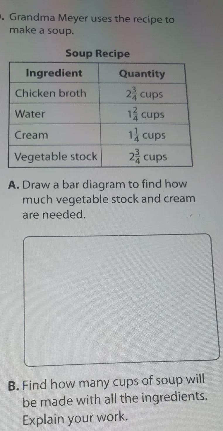 Grandma Meyer Uses The Recipe To Make A Soup.A.Draw A Bar Diagram To Find How Much Vegetable Stock And