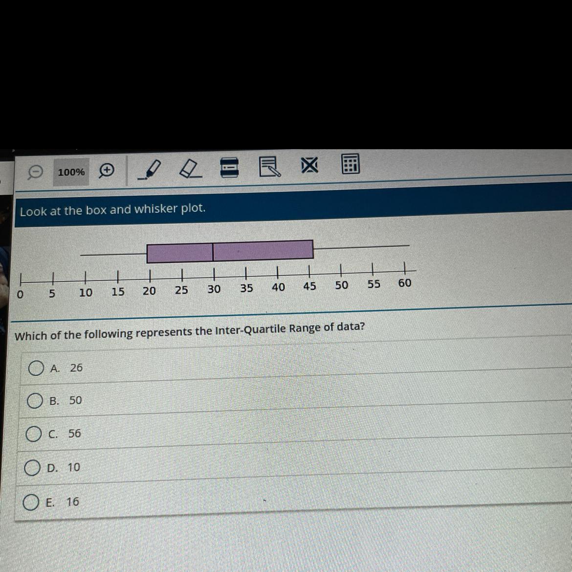 100515202560303540554550Which Of The Following Represents The Inter-Quartile Range Of Data?A. 26B. 50C.