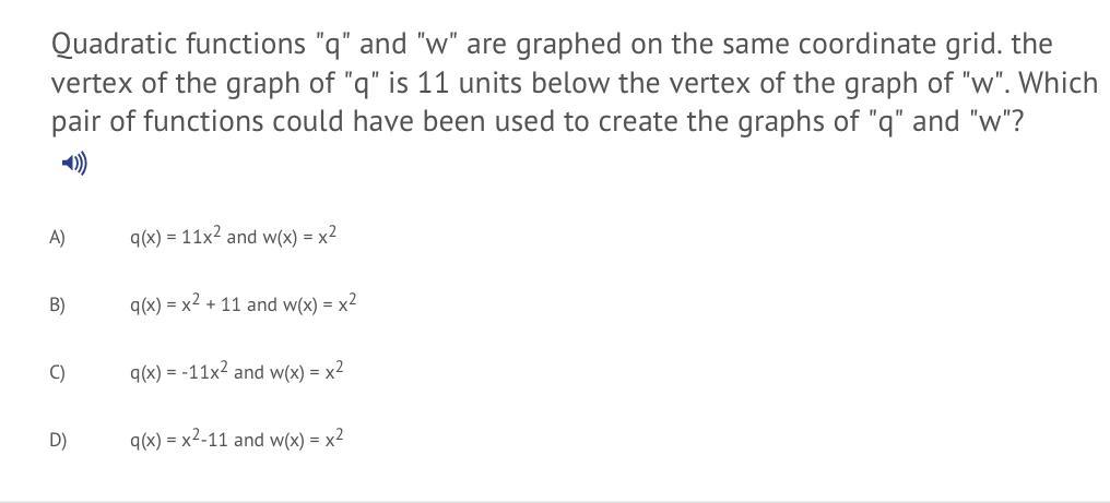 Quadratic Functions Q And W Are Graphed On The Same Coordinate Grid The Vertex Of The Graph Of Q Is 11